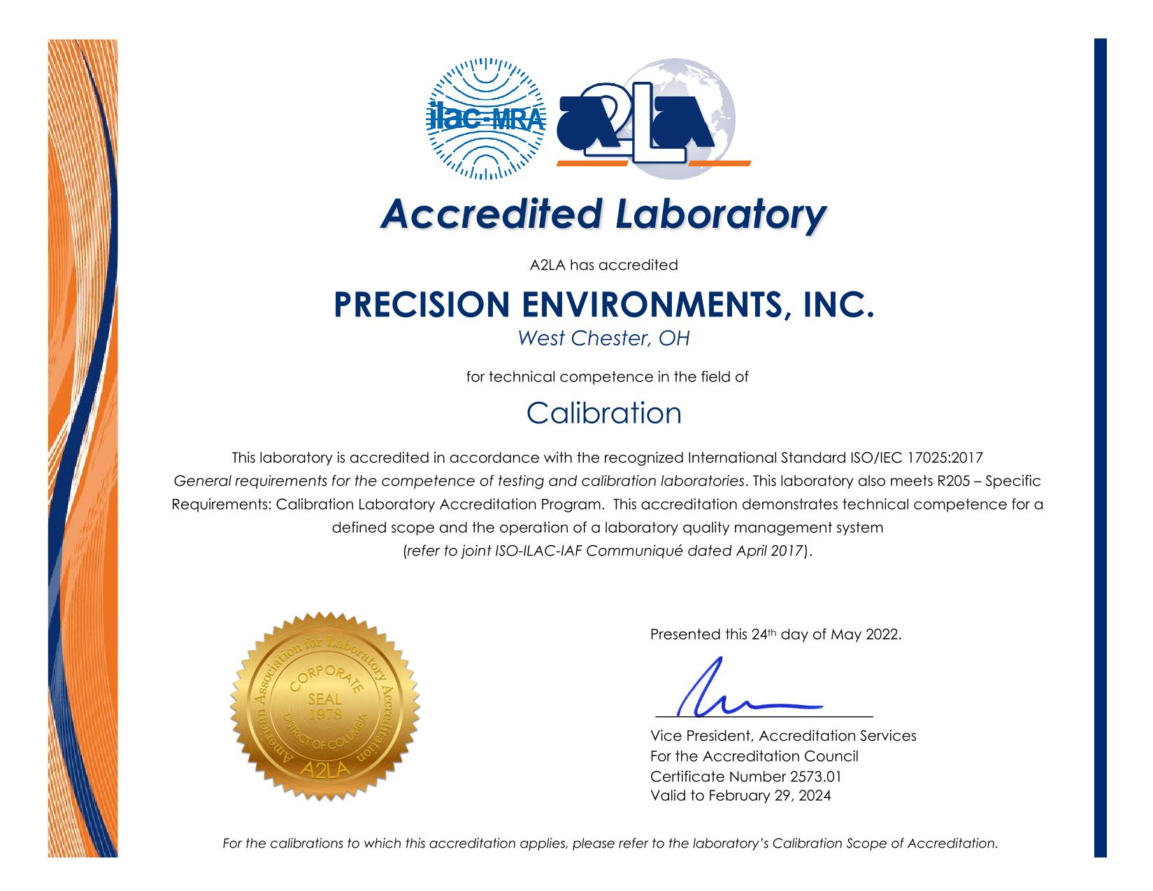 Official A2LA Accreditation Certificate for Precision Environments alt="ISO/IEC 17025:2017 accreditation certificate issued by A2LA to Precision Environments, Inc., valid through February 29, 2024