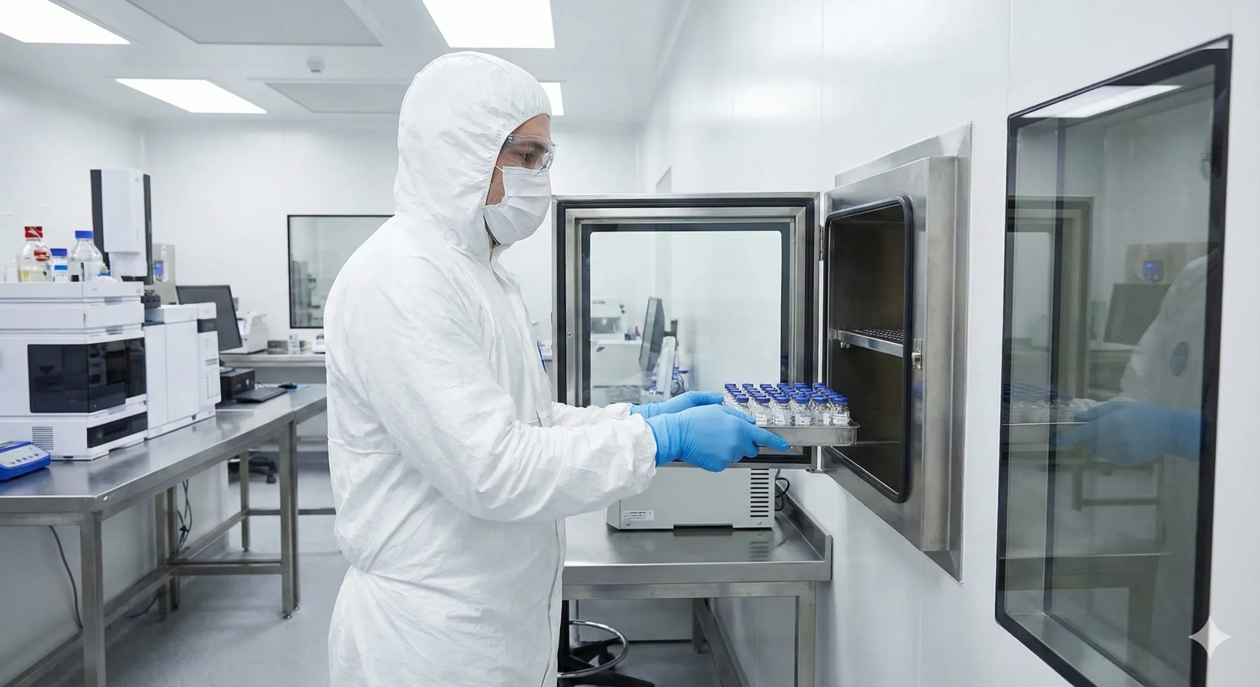 Cleanroom worker using pass-through chamber with sterile sample transfer in pharmaceutical facility