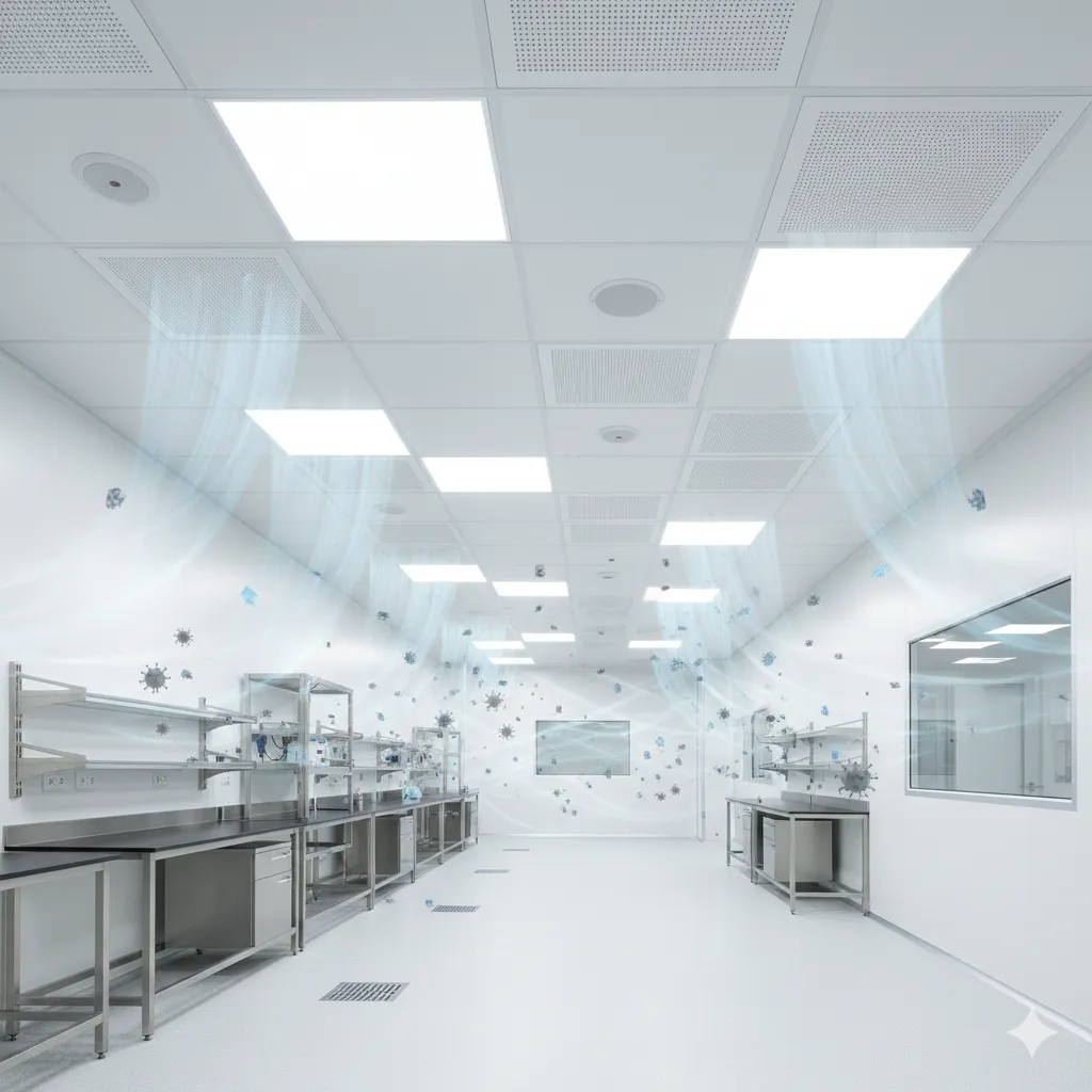 Cleanroom facility with HEPA ceiling filtration system removing airborne particles and contaminants