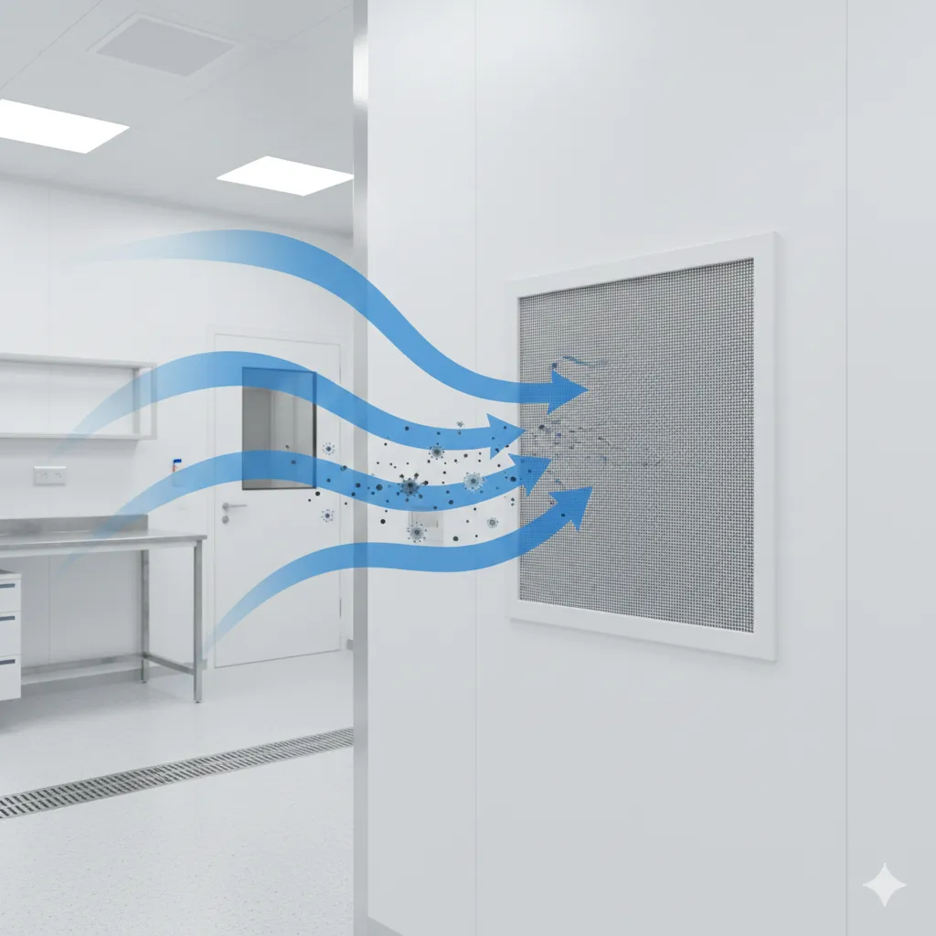 HEPA filter air flow diagram showing particle filtration in cleanroom contamination control system