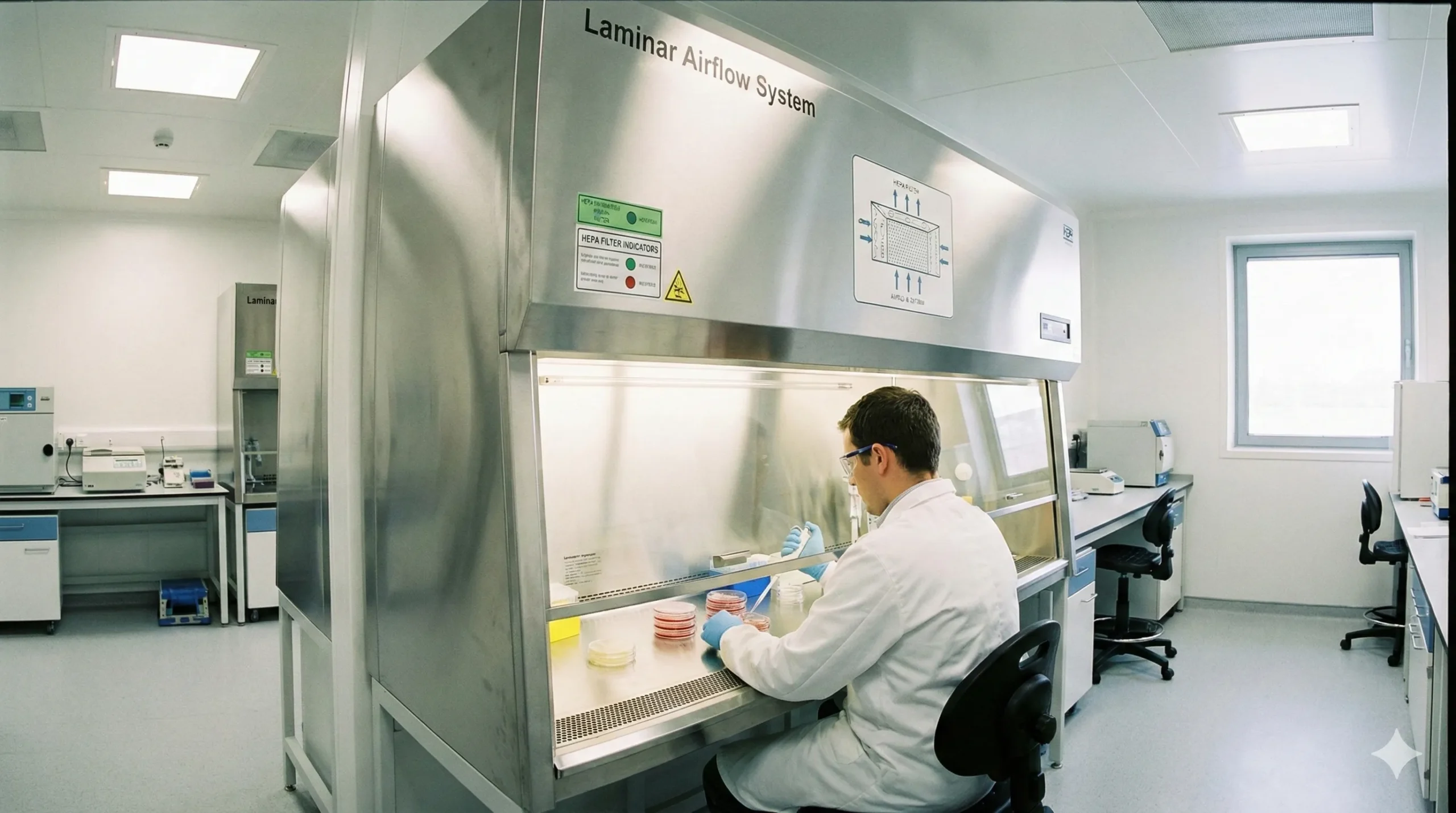 Laboratory technician working in laminar airflow hood with HEPA filtration for sterile sample handling