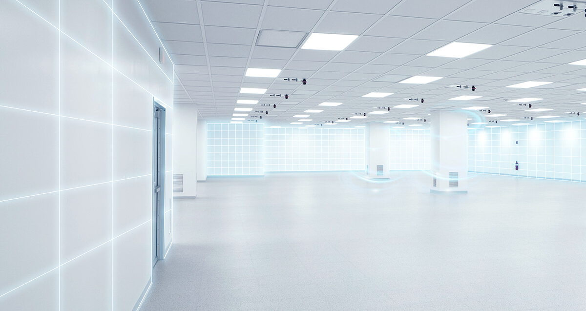 Modern cleanroom facility interior with controlled environment and HEPA filtration system