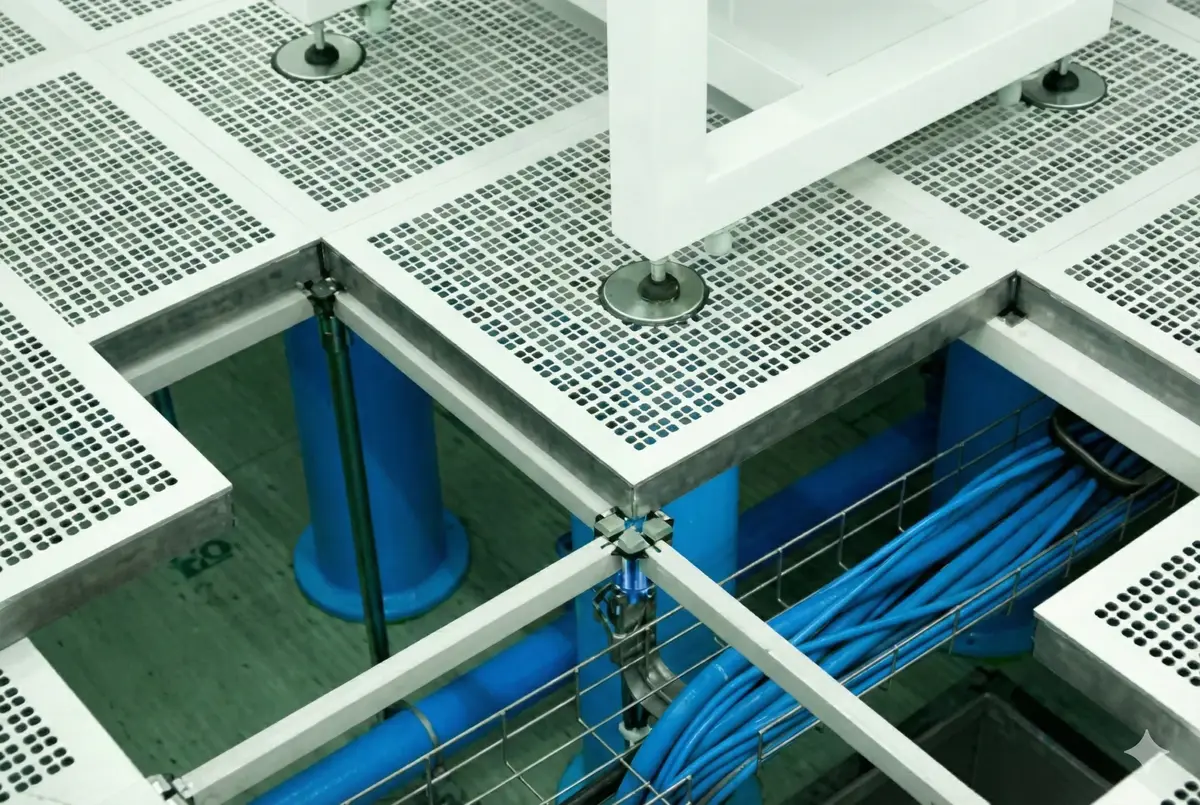 Raised cleanroom flooring system with perforated tiles and blue utility channels for contamination control