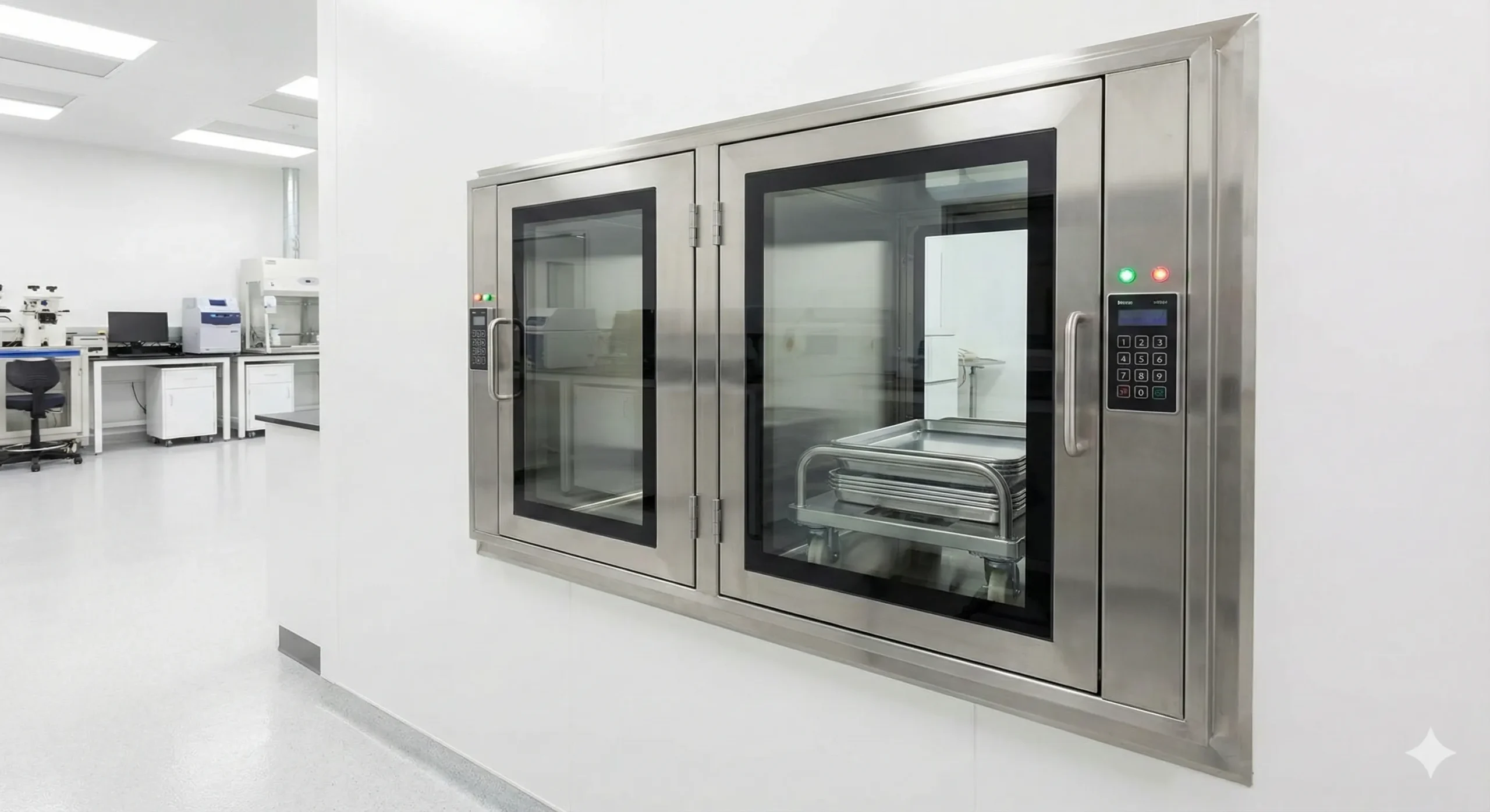 Stainless steel pass-through chamber for sterile material transfer between cleanroom zones