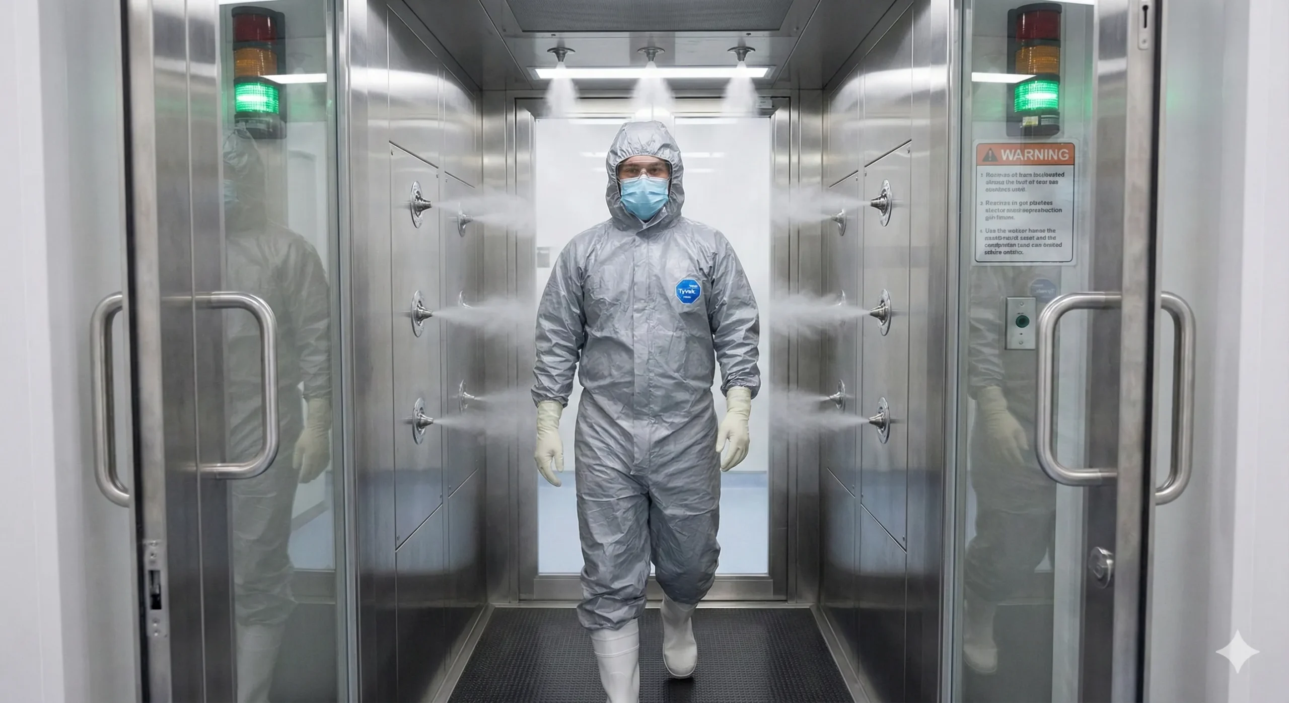 Technician in protective suit entering cleanroom through interlocking contamination control doors